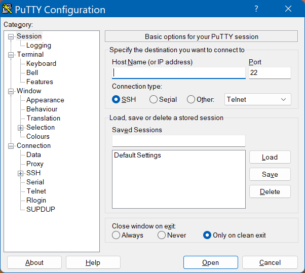 PuTTY graphical
reference- initial
startup screen